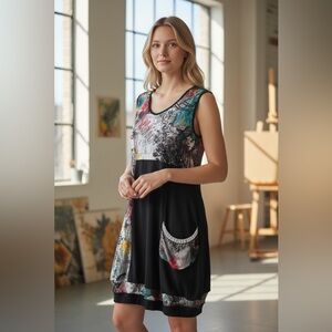Papillon Black Sleeveless Dress with Multicolor Art-Print Accents Size Medium
